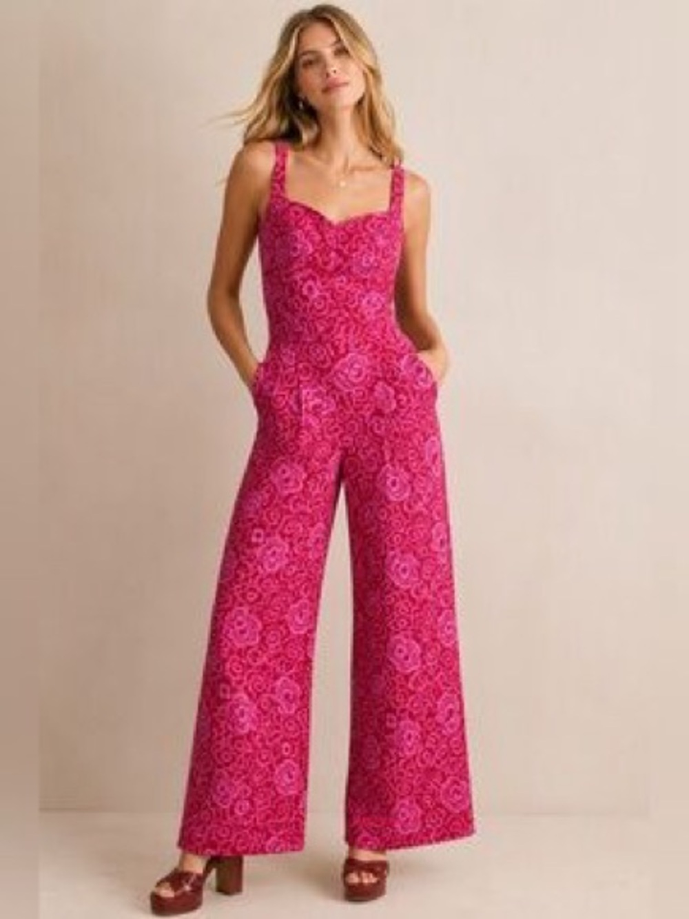 Anthropologie Maeve Printed Jumpsuit Pink Floral Sweetheart-Neck Wide-Leg